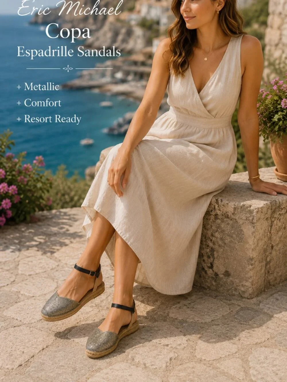 Eric Michael Copa Metallic Espadrille Sandal Ankle Strap 6 Comfort Spain Summer